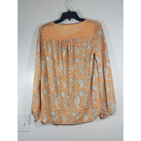 Melloday Paisley Print Peach Blouse With Eyelet Design & Tie Neckline Small - Picture 9 of 10